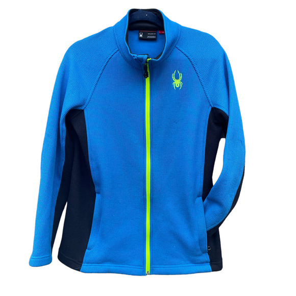 Spyder Blue/Neon Green Ribbed Sweater Jacket - Kids Size XL 18 - Picture 1 of 14